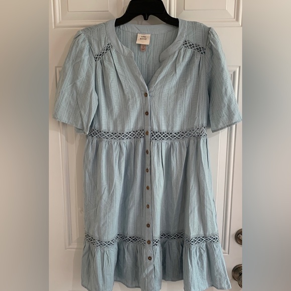 Knox Rose Dress Women’s S Blue Maxi Peephole Crochet‎ Button Ruffle Short - Picture 1 of 11